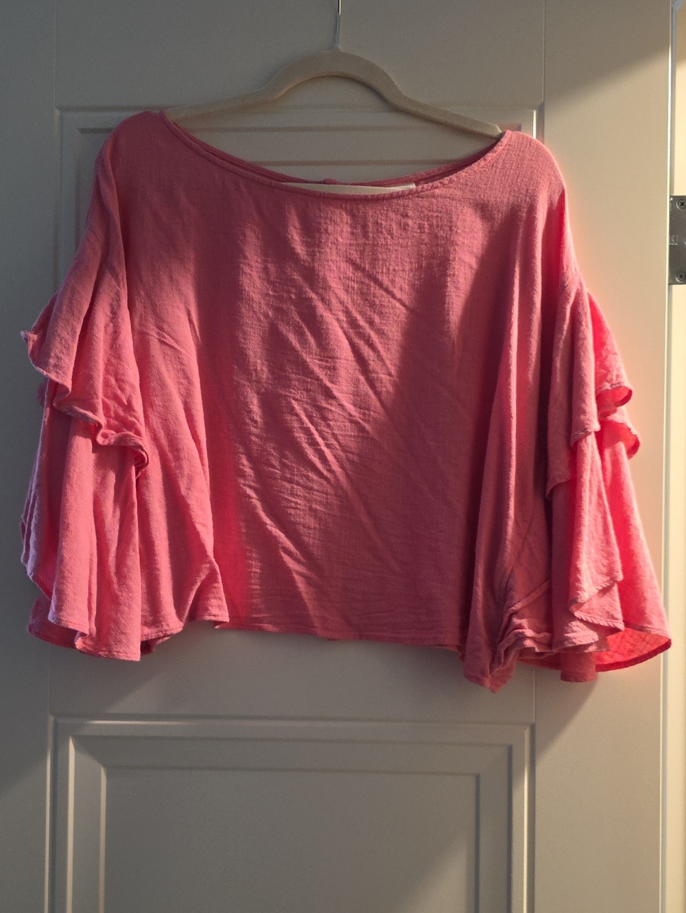 Anthropologie Coral Pink Ruffle Sleeve Crop Top